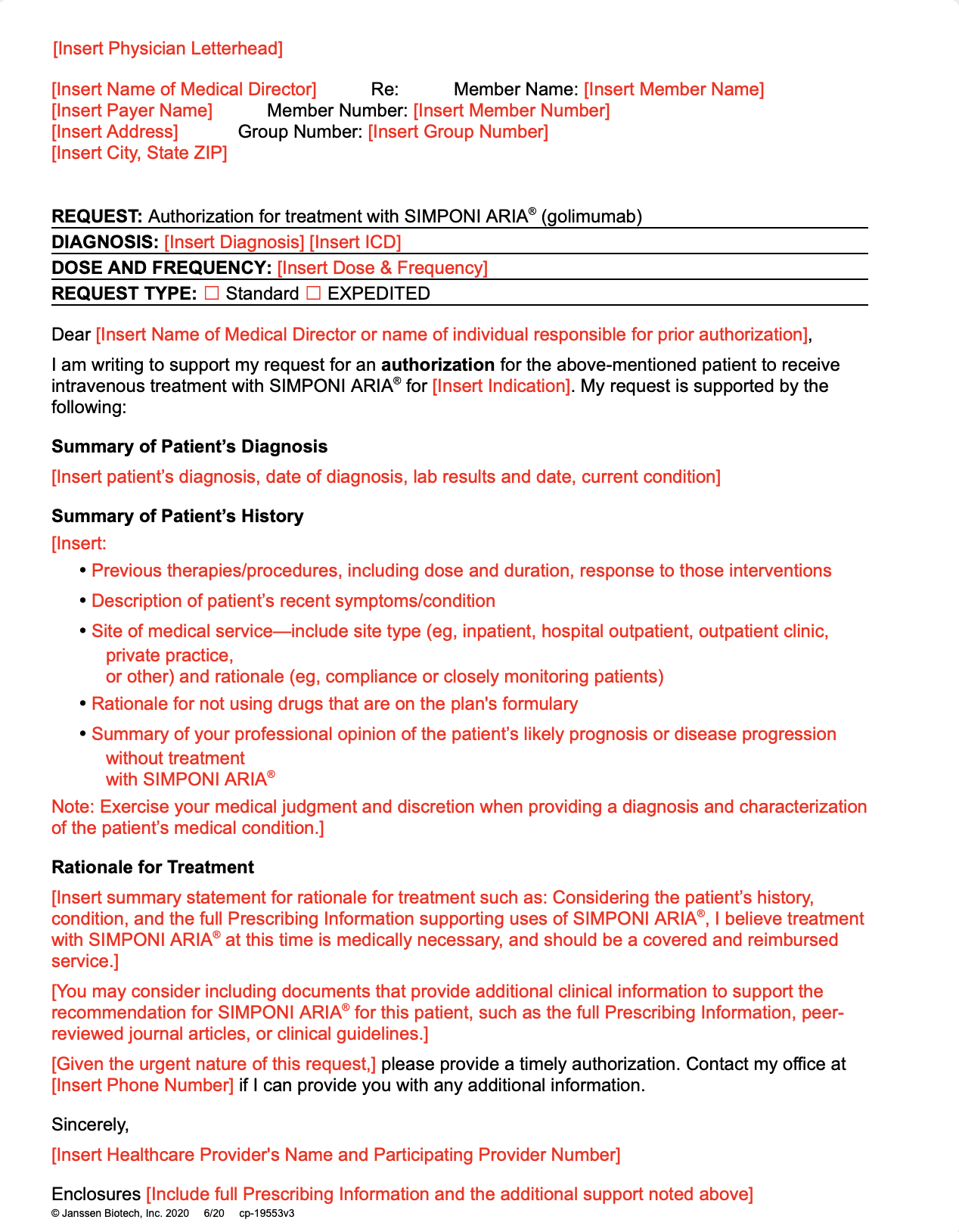 SIMPONI ARIA® Letter of Medical Necessity