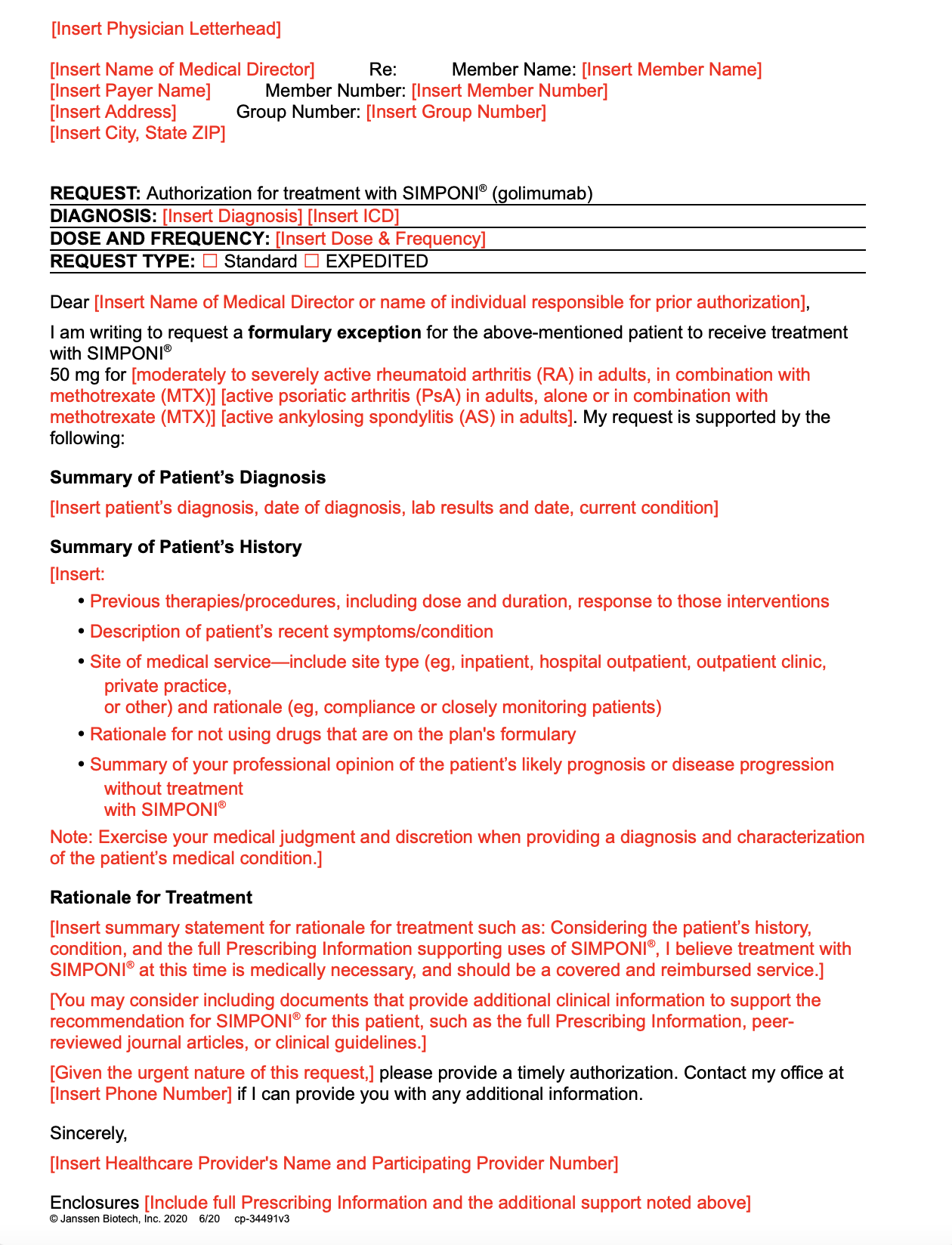 SIMPONI® Letter of Exception (Rheumatology)