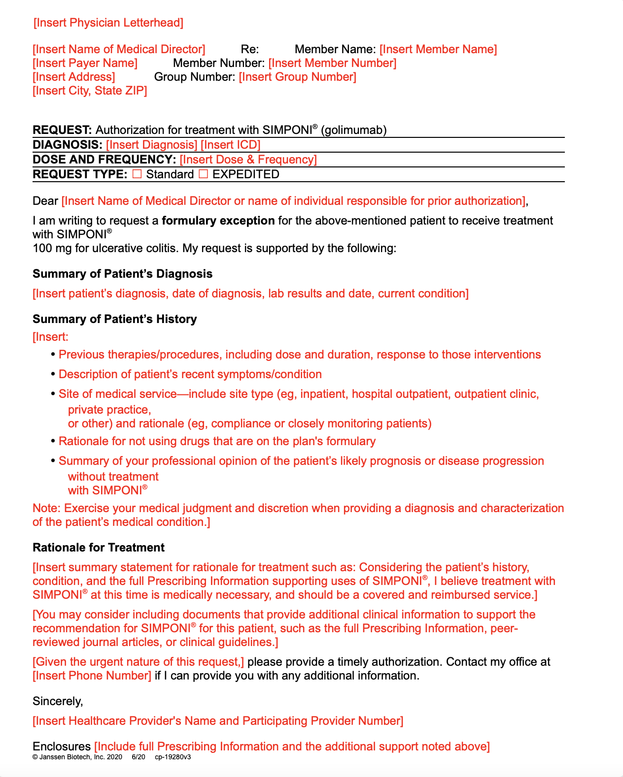SIMPONI® Letter of Exception (Ulcerative Colitis)